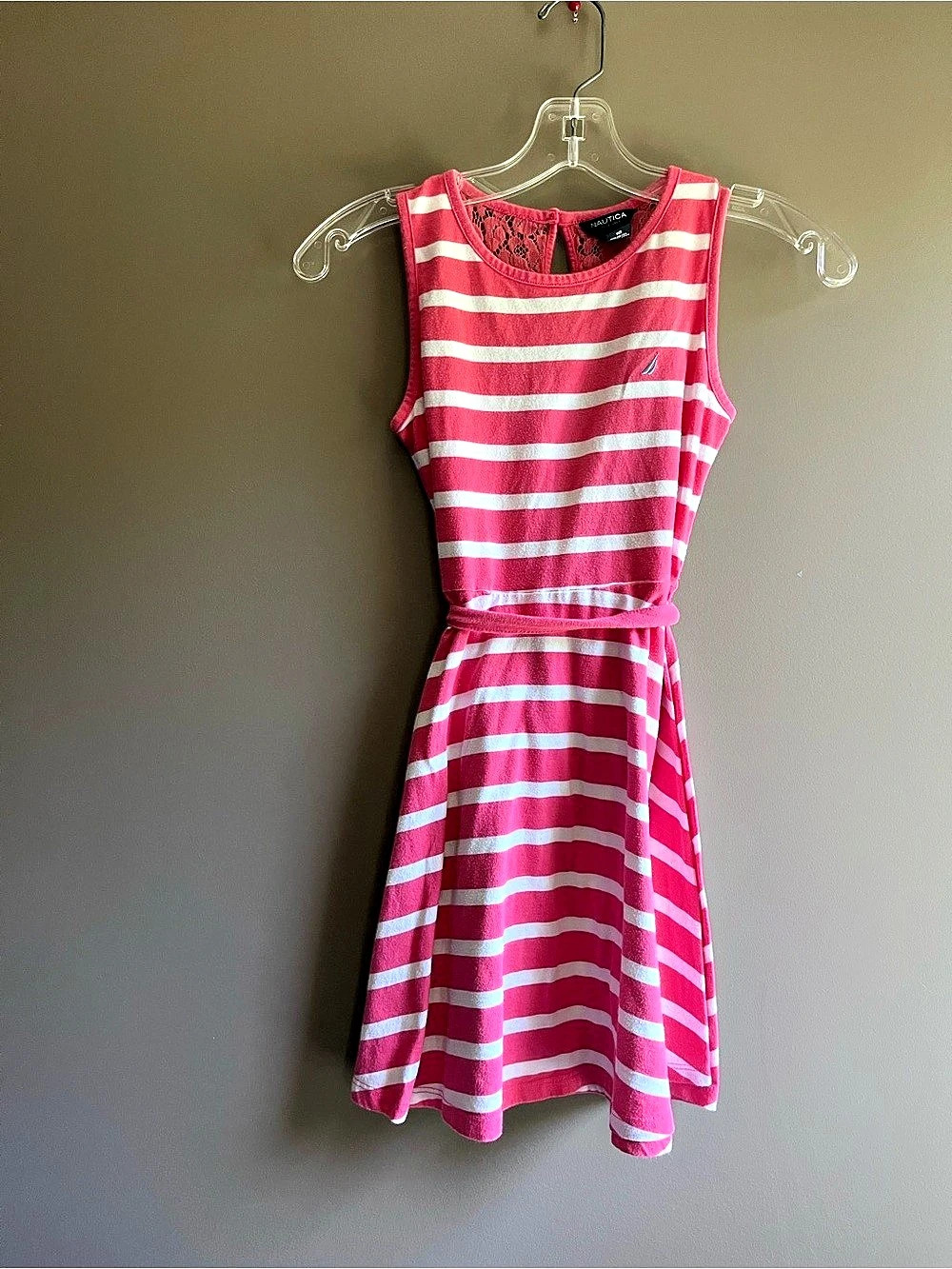 Nautica Striped Lace Bodice Midi Dress in Pink & White Size 10